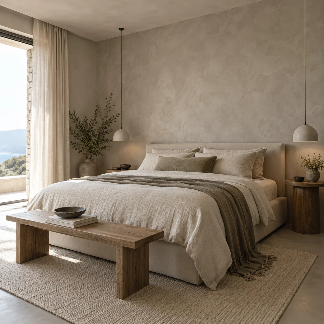 Microcement wall finish in Karachi — bedroom feature wall with soft mineral texture