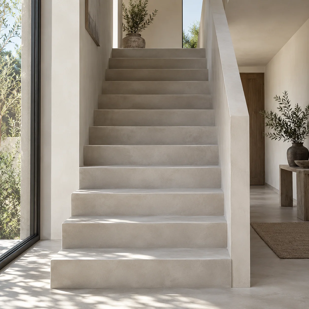 Microcement staircase in Karachi — seamless treads and risers finished as one surface